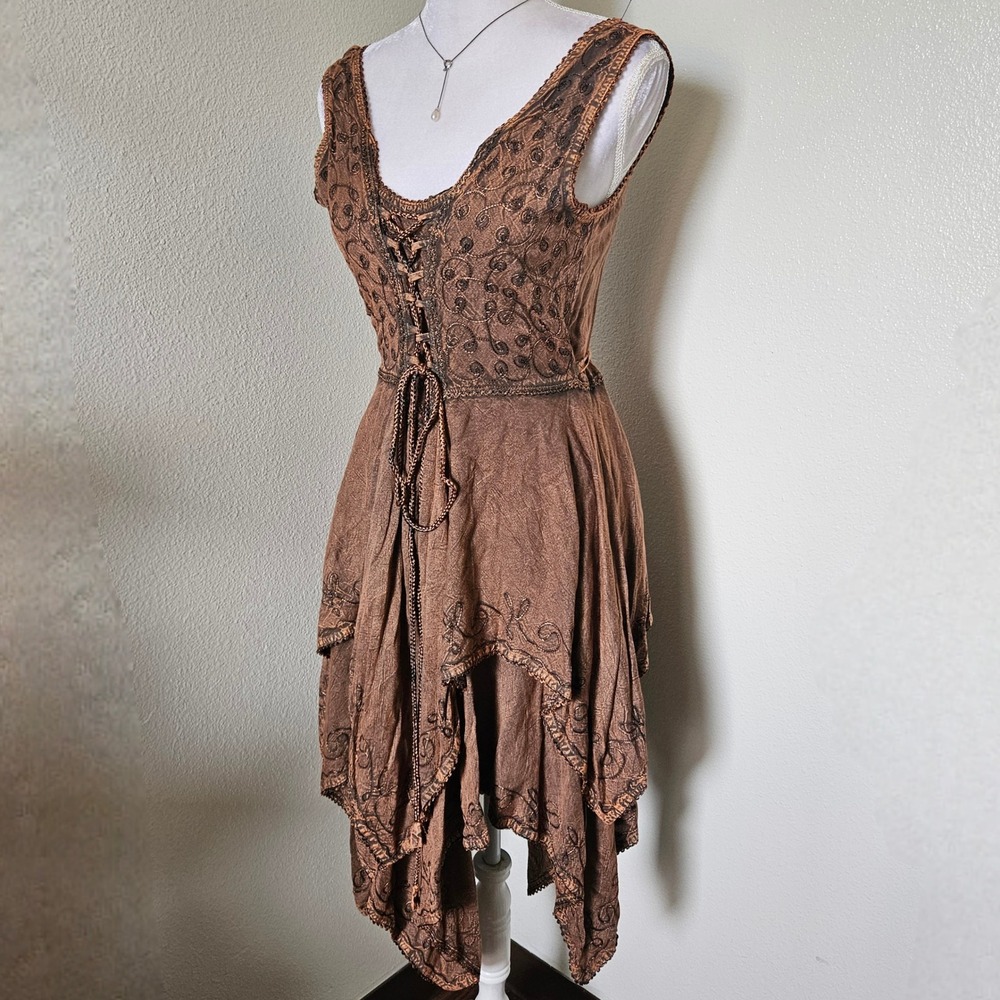 Flower Brown Boho Embroidered Handkerchief Hem Dress